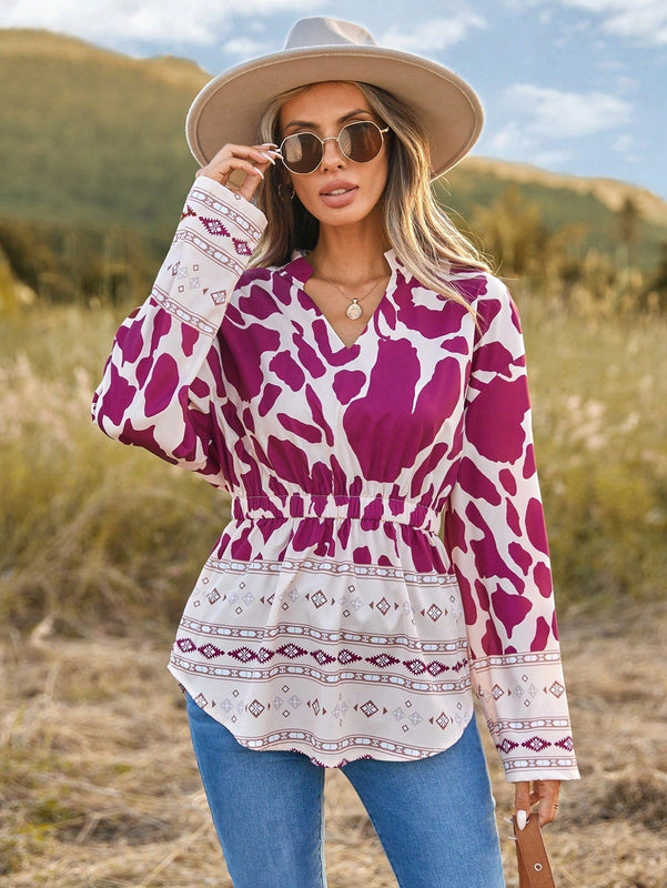LUNE Camisa De Patchwork Estampada Con Cuello Con Muescas Y Dobladillo Curvo Para Mujer