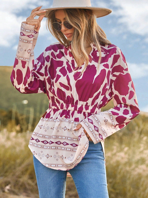 LUNE Camisa De Patchwork Estampada Con Cuello Con Muescas Y Dobladillo Curvo Para Mujer