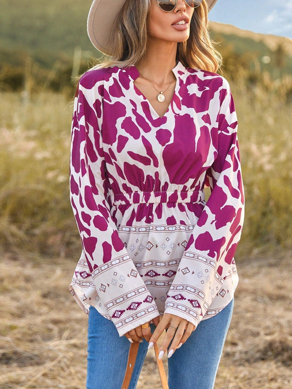 LUNE Camisa De Patchwork Estampada Con Cuello Con Muescas Y Dobladillo Curvo Para Mujer