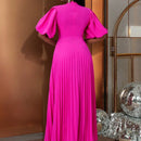 Vestido Plisado Acampanado Ajustado Con Manga Farol En Contraste De Diseno