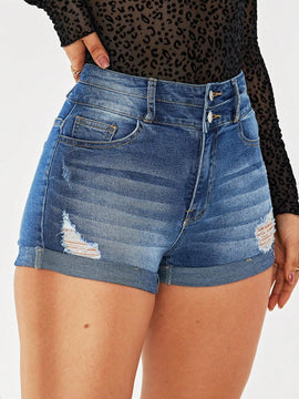 Pantalones Cortos De Mezclilla Desgastados Para Mujer