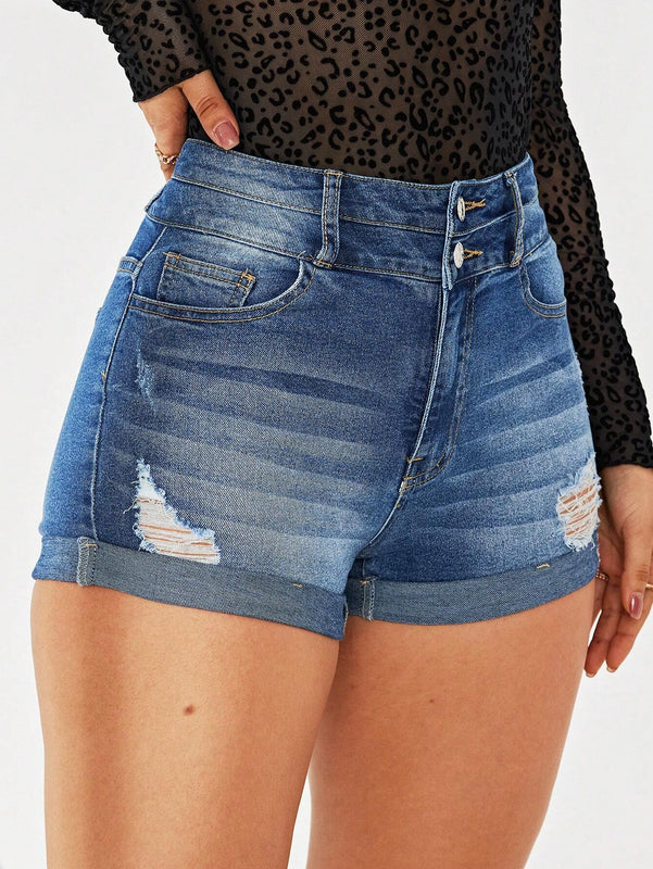 Pantalones Cortos De Mezclilla Desgastados Para Mujer