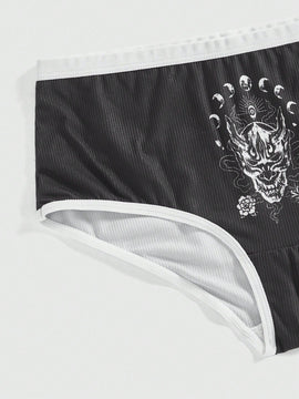 ROMWE J-Fashion Conjunto De Ropa Interior Femenina De 3 Piezas Con Mascara De Cabeza De Zorro Fantasma