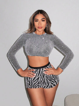 SXY Shorts De Fiesta De Brillo Con Estampado Completo