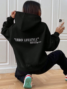 Ezwear sudadera con capucha de punto de manga larga con caida en los hombros y estampado de lema, otono/invierno para mujer