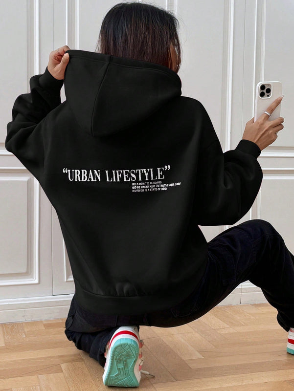 Ezwear sudadera con capucha de manga larga de unicolor con estampado de letra, uso casual diario