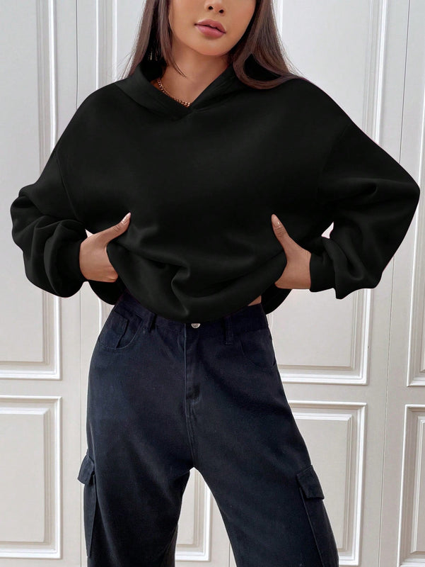 Ezwear sudadera con capucha de punto de manga larga con caida en los hombros y estampado de lema, otono/invierno para mujer
