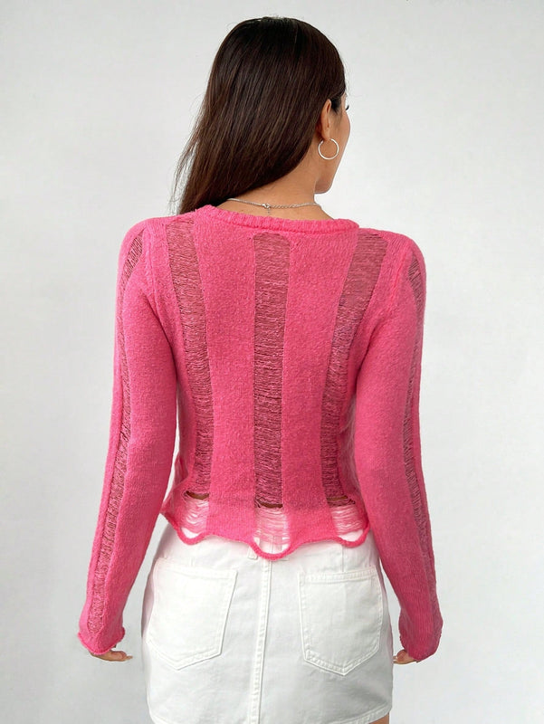 EZwear Sueter De Mujer De Color Solido Y Desgastado
