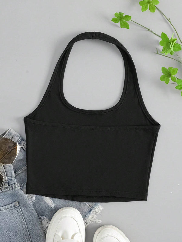 Top De Cuello Halter Con Impresion De Eslogan