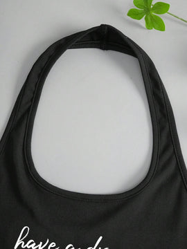 Top De Cuello Halter Con Impresion De Eslogan