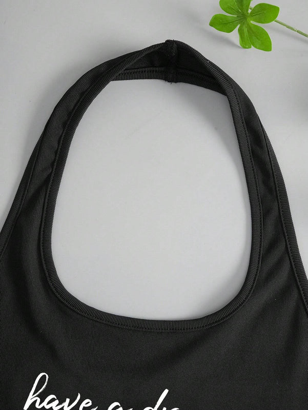Top De Cuello Halter Con Impresion De Eslogan