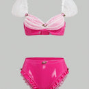 Conjunto De Sosten Y Panty Con Diseno De Tachuelas De Rosas, Con Aros Y Bordes Festoneados