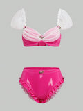 Conjunto De Sosten Y Panty Con Diseno De Tachuelas De Rosas, Con Aros Y Bordes Festoneados