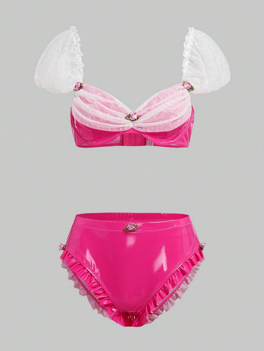 Conjunto De Sosten Y Panty Con Diseno De Tachuelas De Rosas, Con Aros Y Bordes Festoneados