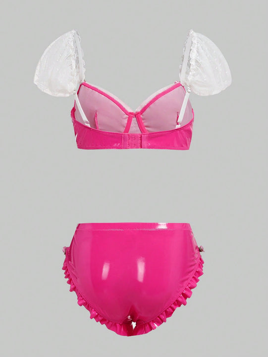 Conjunto De Sosten Y Panty Con Diseno De Tachuelas De Rosas, Con Aros Y Bordes Festoneados
