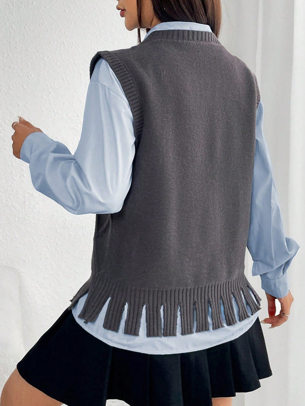 EZwear Chaleco Tipo Sueter Con Dobladillo Con Flecos Para Mujer
