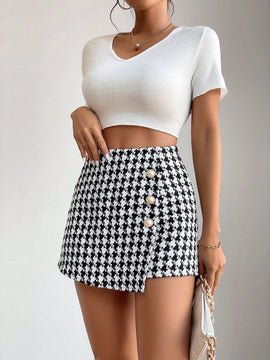 PETITE Falda Pantalon Corta Con Estampado De Pata De Gallo Y Detalles De Botones En Tweed