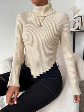 Essnce Sueter De Cuello Alto De Color Liso Para Mujer Con Manga Raglan Y Dobladillo Asimetrico