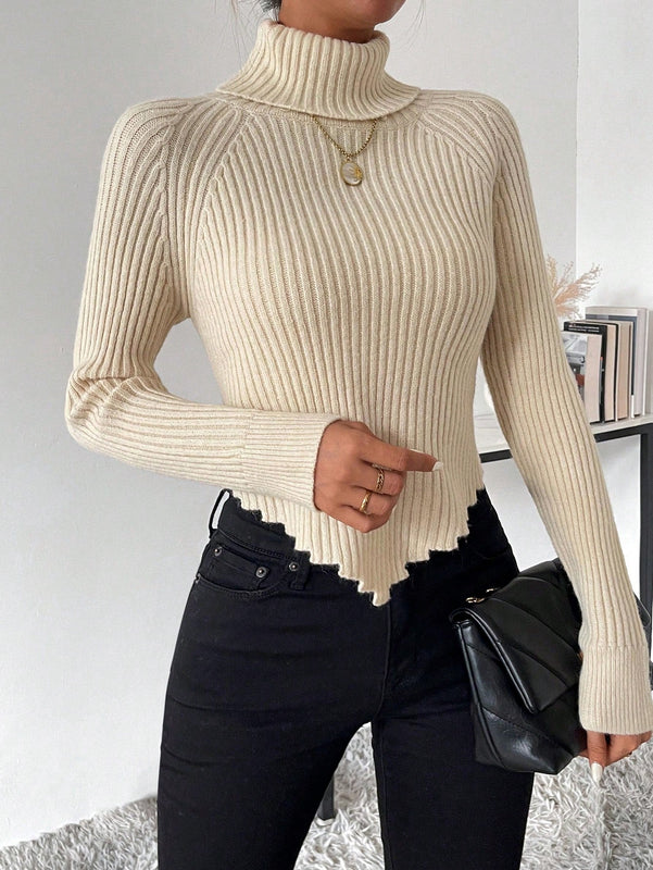 Essnce Sueter De Cuello Alto De Color Liso Para Mujer Con Manga Raglan Y Dobladillo Asimetrico