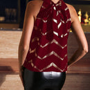 Clasi Camisa Halter Con Cuello A Rayas Y Detalle Metalizado Dorado Para Mujer