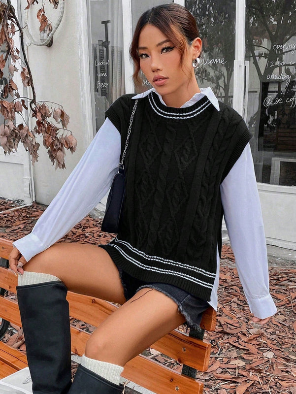 EZwear Chaleco De Sueter Casual De Mujer Con Bloques De Colores Y Rayas