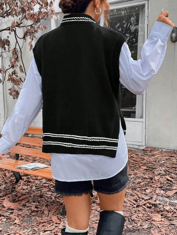EZwear Chaleco De Sueter Casual De Mujer Con Bloques De Colores Y Rayas