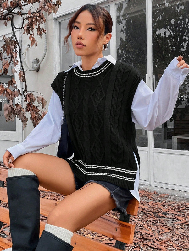EZwear Chaleco De Sueter Casual De Mujer Con Bloques De Colores Y Rayas