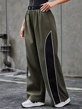 Pantalones De Cintura Con Cordon De Contraste De Color Con Dobladillo Enrollado