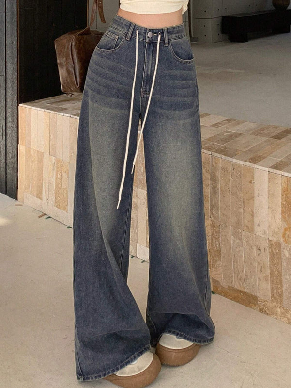 DAZY Jeans De Pierna Ancha Para Mujer Con Cintura Ajustable Con Cordon
