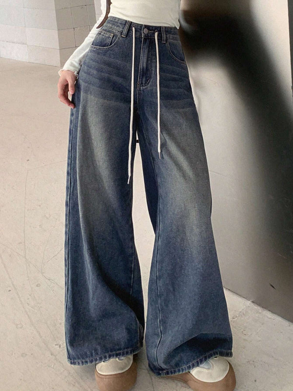 DAZY Jeans De Pierna Ancha Para Mujer Con Cintura Ajustable Con Cordon