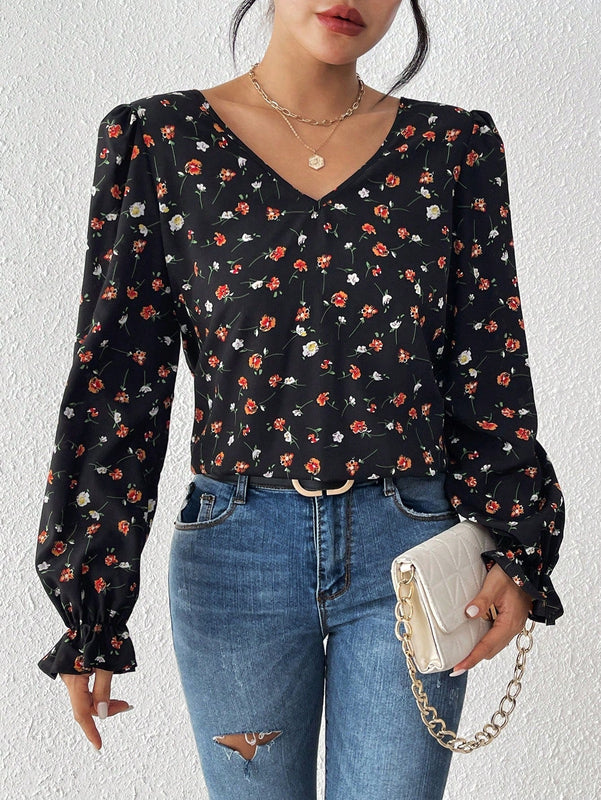 Frenchy Camisa De Manga Larga Con Estampado Floral Pequeno Y Encaje Empalmado