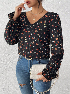 Frenchy Camisa De Manga Larga Con Estampado Floral Pequeno Y Encaje Empalmado