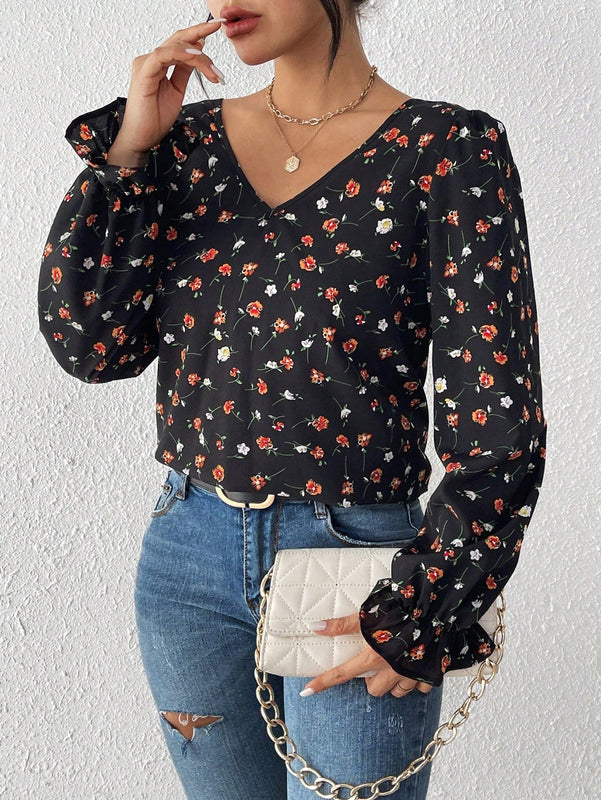 Frenchy Camisa De Manga Larga Con Estampado Floral Pequeno Y Encaje Empalmado