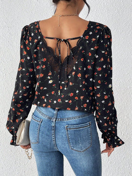 Frenchy Camisa De Manga Larga Con Estampado Floral Pequeno Y Encaje Empalmado