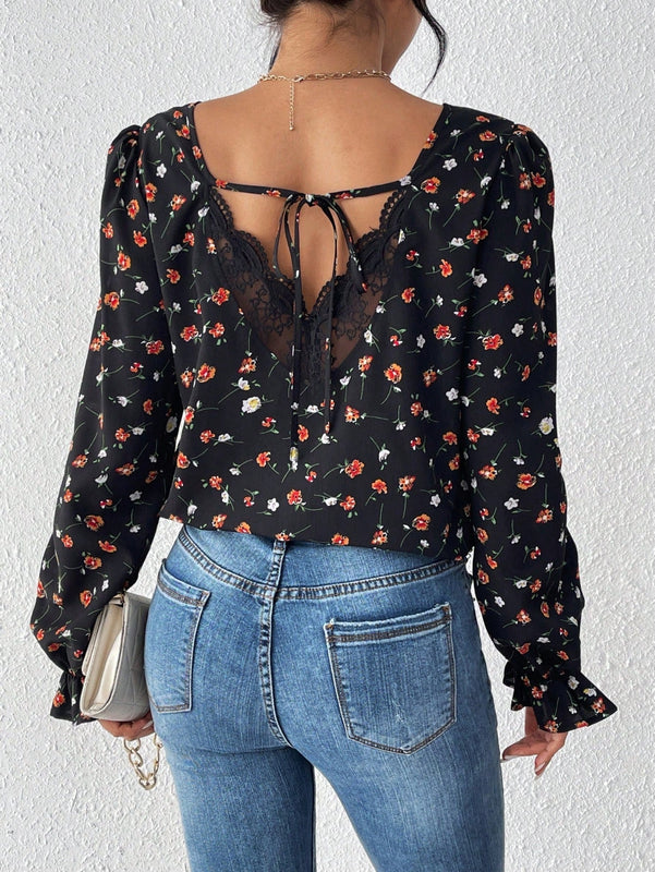Frenchy Camisa De Manga Larga Con Estampado Floral Pequeno Y Encaje Empalmado