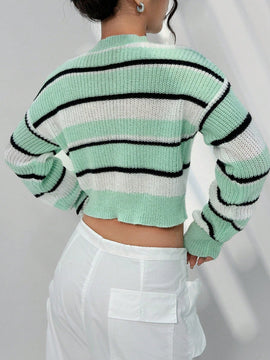 EZwear Sueter Casual Corto De Manga Larga A Rayas