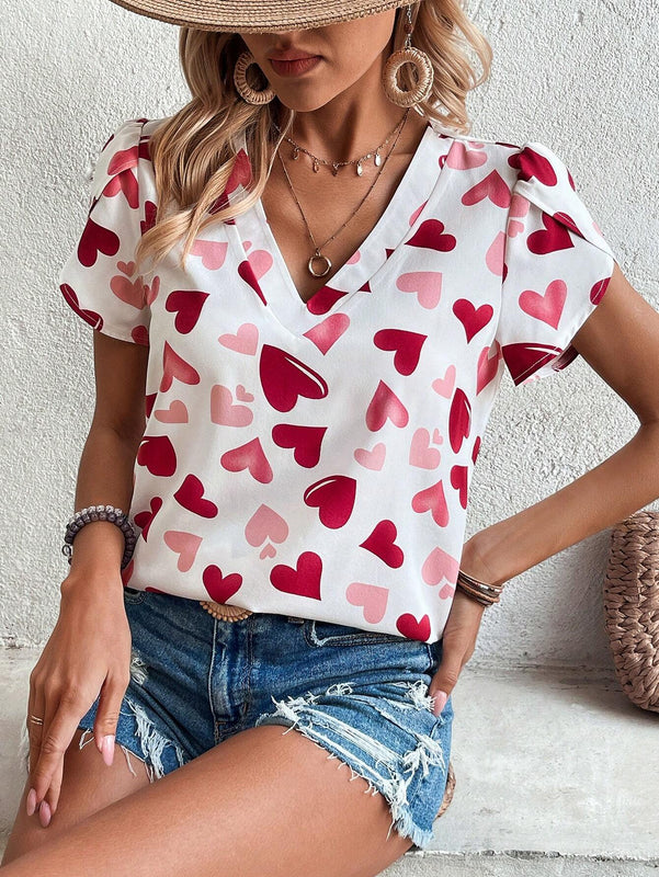 Blusa Con Mangas En Angulo Y Estampado De Corazon Para Mujer