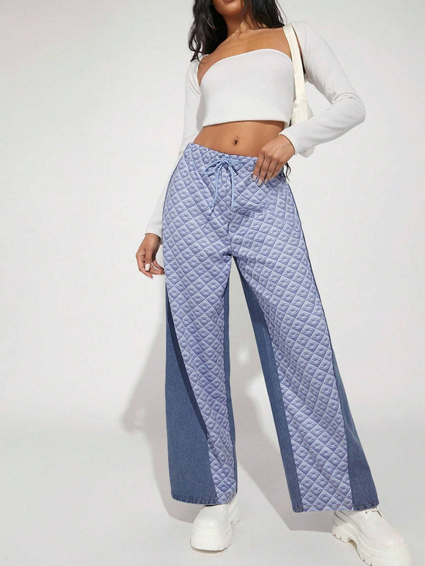 Haute Pantalones Jeans De Mezcla De Telas Y Cintura Con Cordon