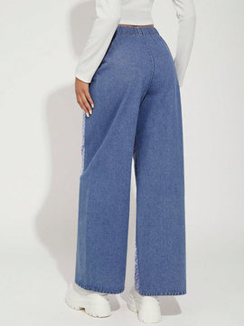 Haute Pantalones Jeans De Mezcla De Telas Y Cintura Con Cordon