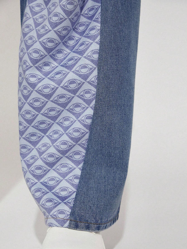 Haute Pantalones Jeans De Mezcla De Telas Y Cintura Con Cordon
