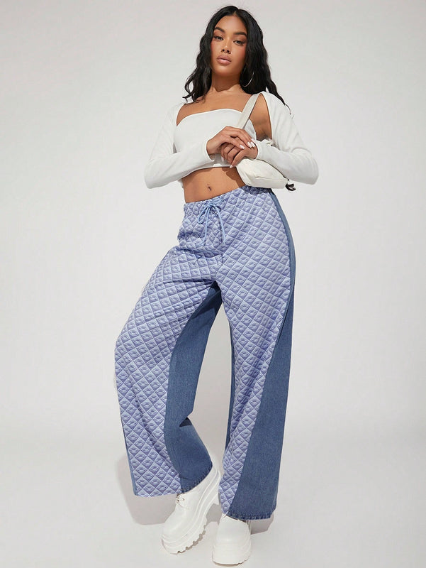 Haute Pantalones Jeans De Mezcla De Telas Y Cintura Con Cordon