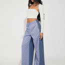 Haute Pantalones Jeans De Mezcla De Telas Y Cintura Con Cordon