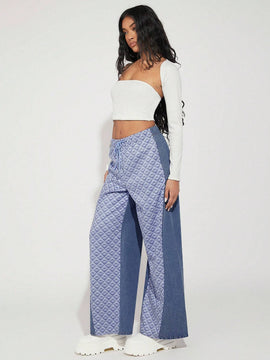 Haute Pantalones Jeans De Mezcla De Telas Y Cintura Con Cordon