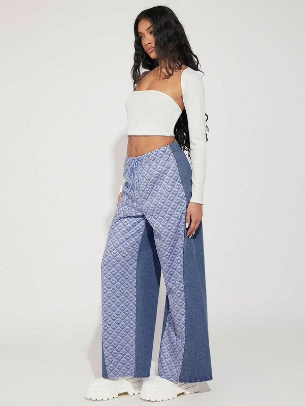 Haute Pantalones Jeans De Mezcla De Telas Y Cintura Con Cordon