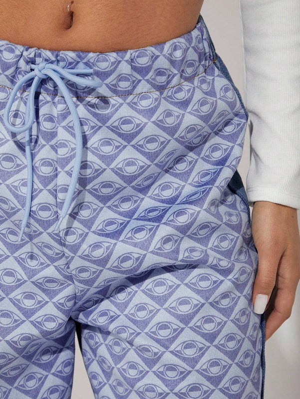Haute Pantalones Jeans De Mezcla De Telas Y Cintura Con Cordon