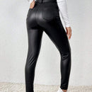 Frenchy Pantalones Ajustados De PU Con Boton Decorado, Cierre De Cremallera Y Estilo De Pierna Cilindrica