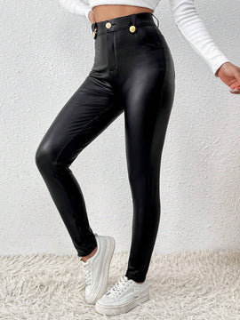 Frenchy Pantalones Ajustados De PU Con Boton Decorado, Cierre De Cremallera Y Estilo De Pierna Cilindrica