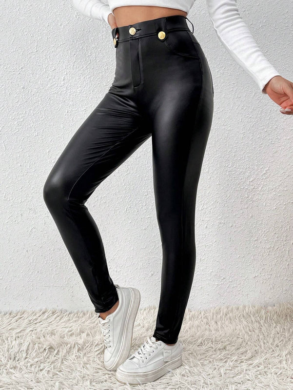Frenchy Pantalones Ajustados De PU Con Boton Decorado, Cierre De Cremallera Y Estilo De Pierna Cilindrica