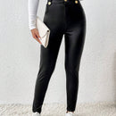 Frenchy Pantalones Ajustados De PU Con Boton Decorado, Cierre De Cremallera Y Estilo De Pierna Cilindrica