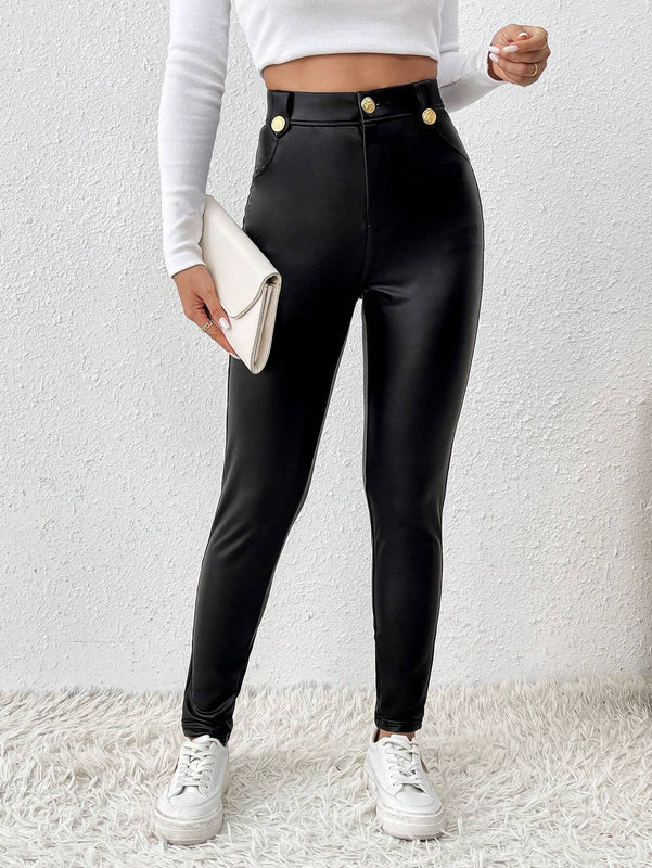 Frenchy Pantalones Ajustados De PU Con Boton Decorado, Cierre De Cremallera Y Estilo De Pierna Cilindrica